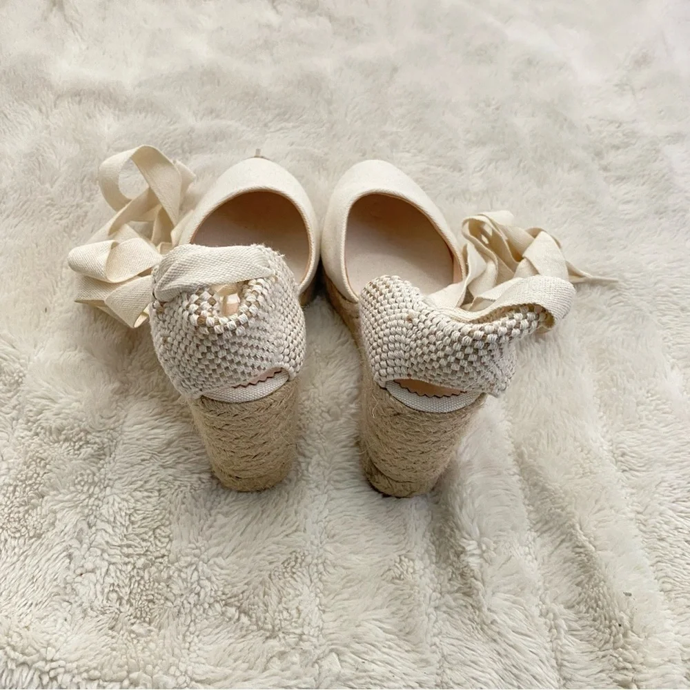 J. Crew Cream Round Toe Canvas Espadrille Wedges Size 9.5 Made in Spain